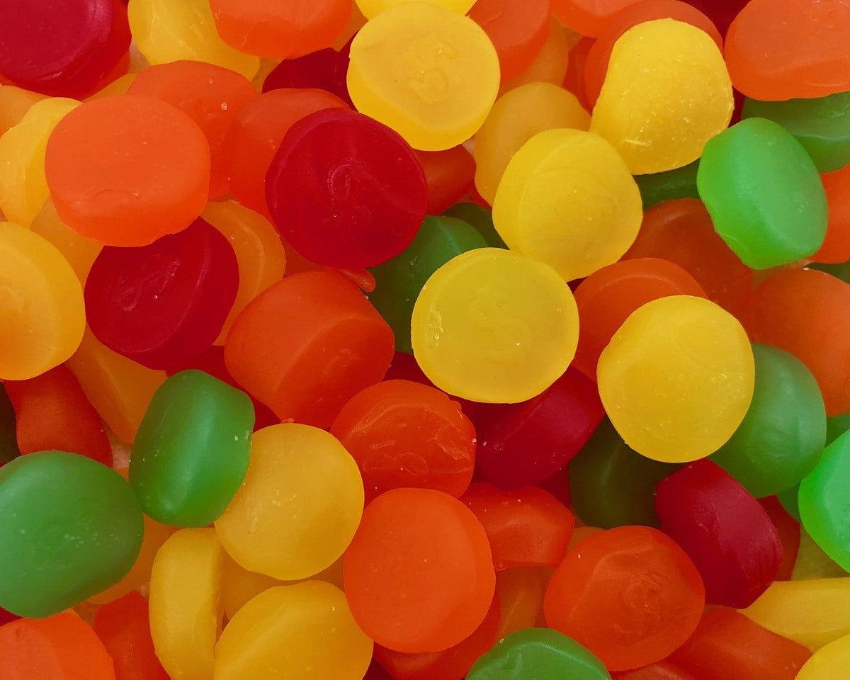 Assorted Fruit Juju Dollars 6.5 Ounce Peg Bags - 6 / Box - CandyFavorites